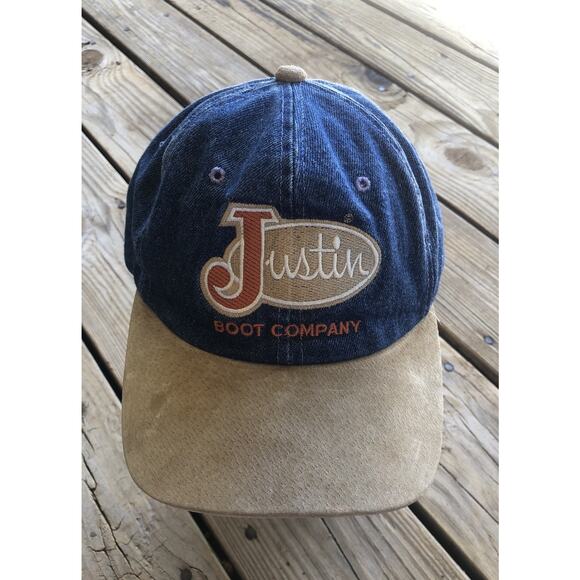 Vtg Justin Boot Company Hat Blue Denim Brown Suede Brim Strapback Unisex Adult - Picture 1 of 12